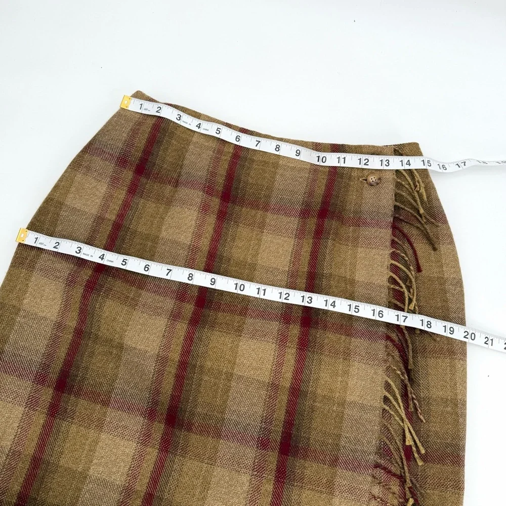 Talbots Wrap Skirt Womens 8 Tan Burgundy Tartan Plaid Wool Fringed Long VTG READ
